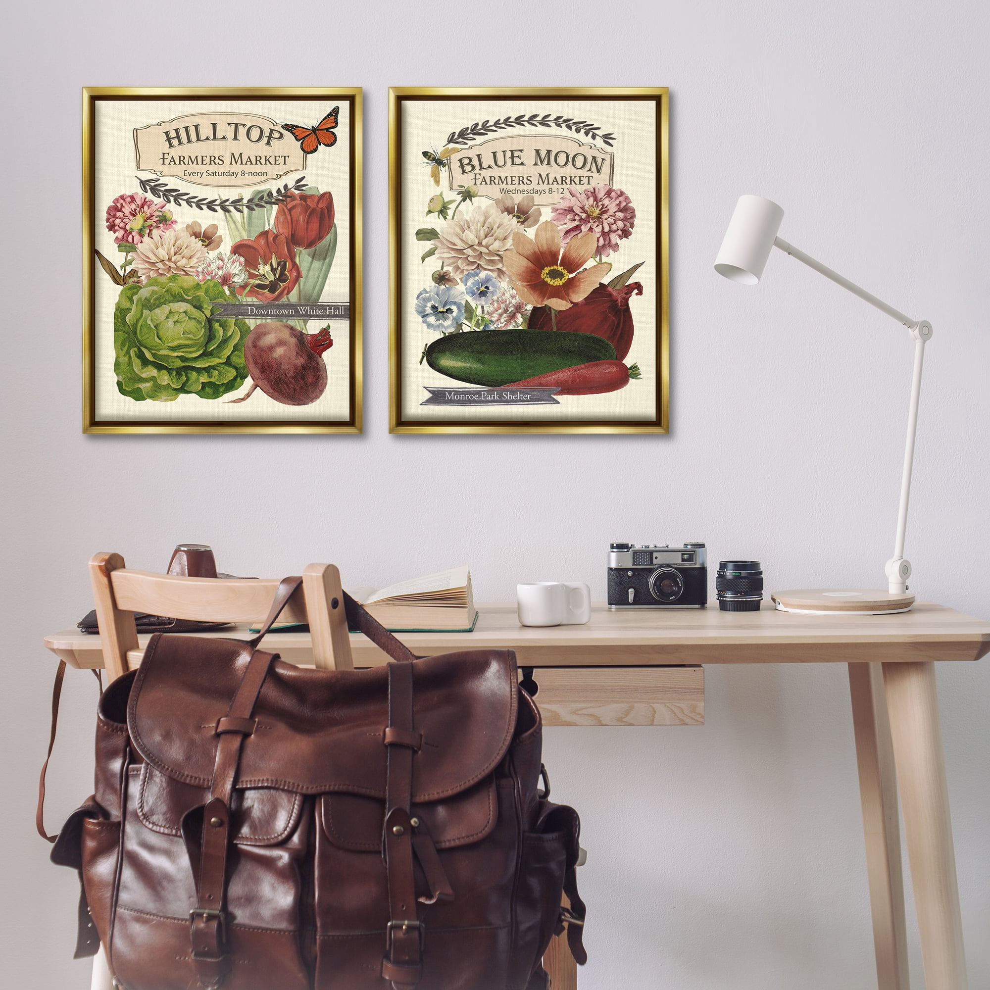 Stupell Industries Vintage Farmers Markets Food & Beverage Painting Gold Floater Framed Canvas Art Print Wall Art, 31 x 25, Set of 2