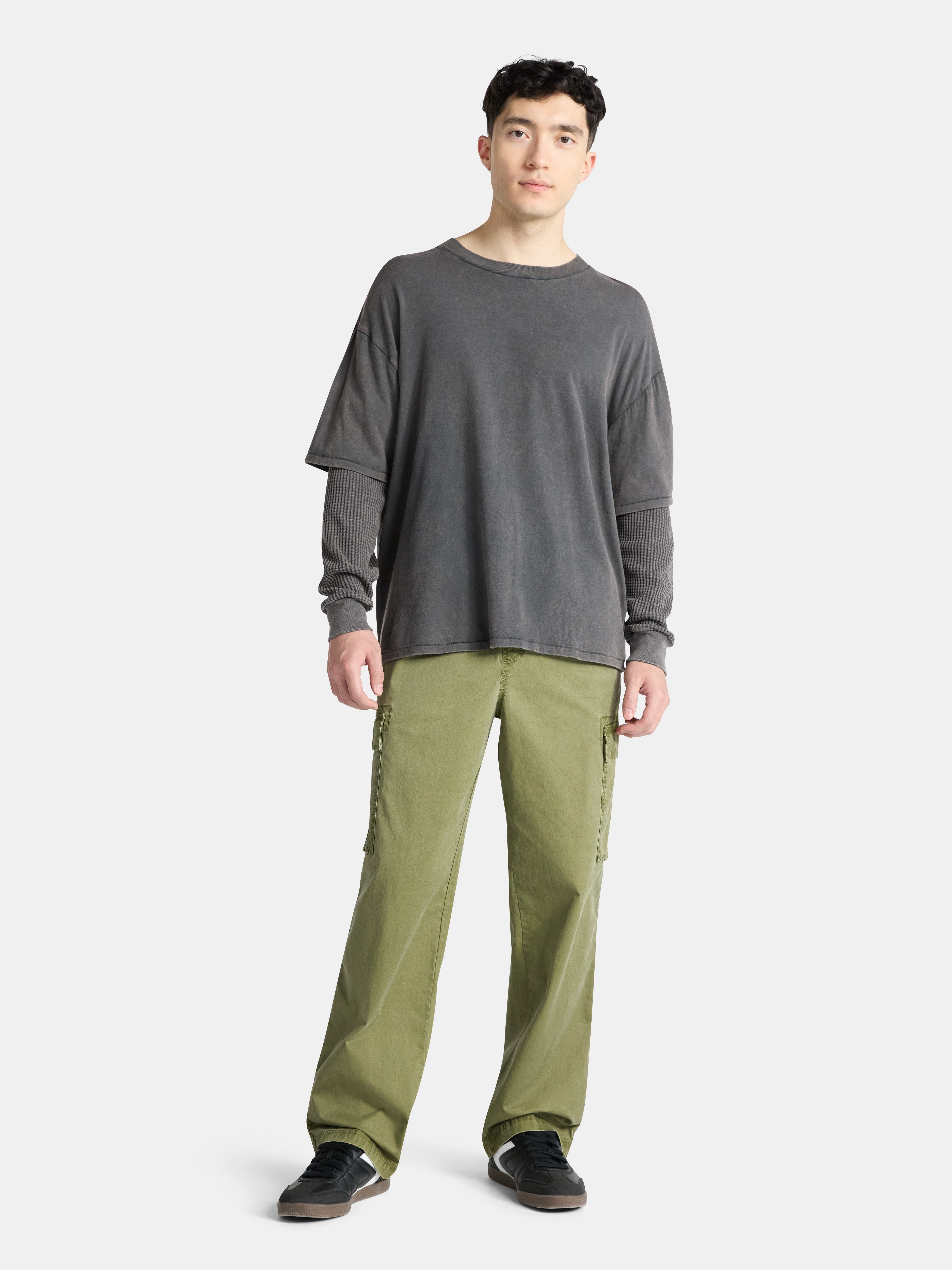 No Boundaries Cotton Washed Tee with Layered Long Sleeves, Men's & Big Men's
