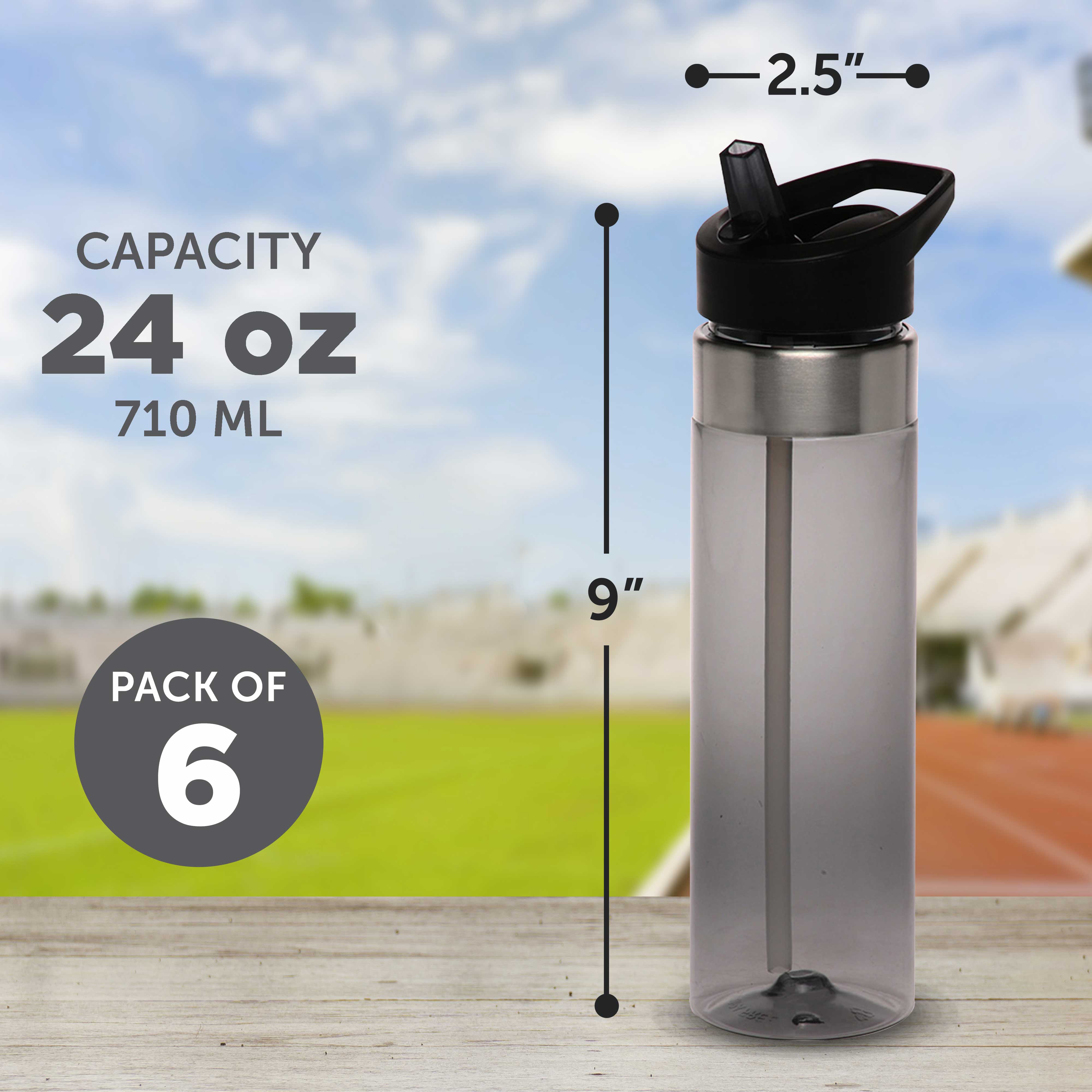 Plastic Water Bottle 24 oz with Inside Straw - BPA Free, Screw-On Cap, Flip Top Nozzle Mechanism - Slim Translucent Body - Eastman Tritan Copolyester - Charcoal - 10 Pack