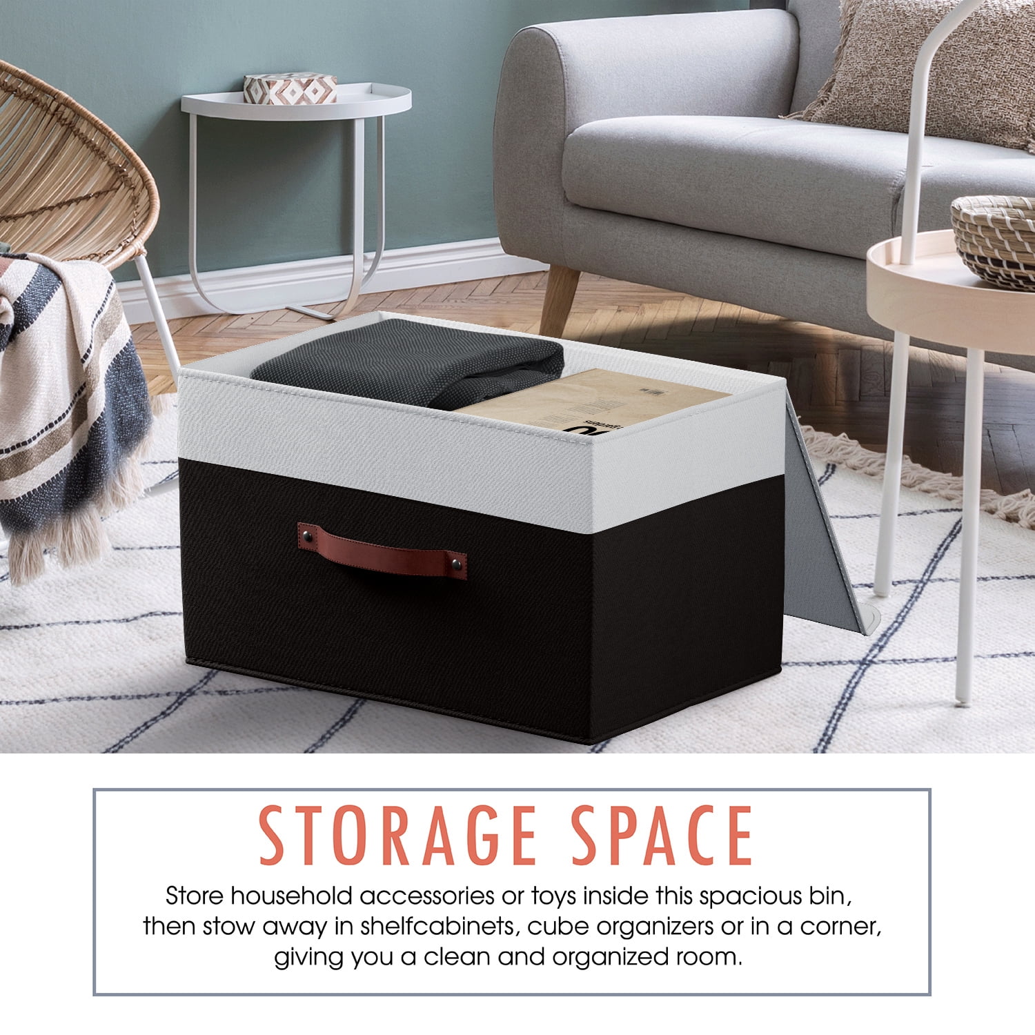 Ornavo Home Foldable Collapsible Large Storage Box Bins Linen Fabric Shelf Basket Cube Organizer with Leather Handles and Lid - Set of 6 - 15 x 10 x 9