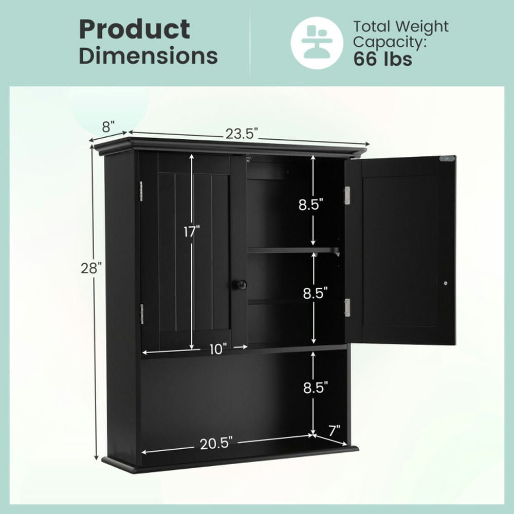 Finihen Wall Cabinet, Wall Mounted Bathroom Cabinet, Medicine Cabinet, 2-Door Wall Mount Bathroom Storage Cabinet with Open Shelf, for Kitchen Entryway Bathroom, Black