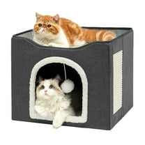 JOUALY Cat Beds for Indoor Cats, Large Covered Cat House with Scratch Pad, Ball Hanging, Foldable Cat Cave Bed & Hideaway with Reversible Cushion, Pet Bed for Multi Small Pet Large Kitten Kitty
