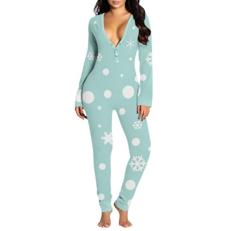 

Jumpsuits For Women Sexy Butt Button Back Flap Jumpsuit V Neck Long Sleeve Romper Pajamas Christmas Print Collection Sleepwear Ruff Night Nightshirt