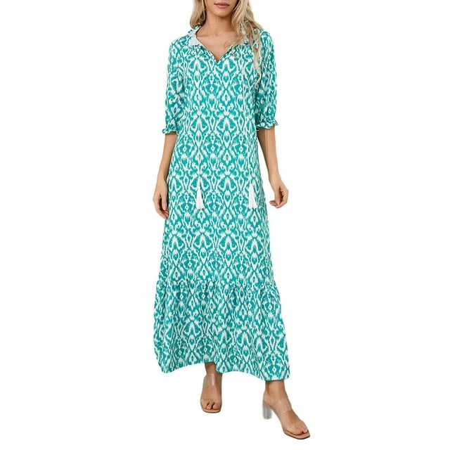 SUNSIOM Robe Longue pour Femmes, Élégante Manches Courtes Col en V Imprimé Fleur/graphique Robe Ample d'Été Décontractée