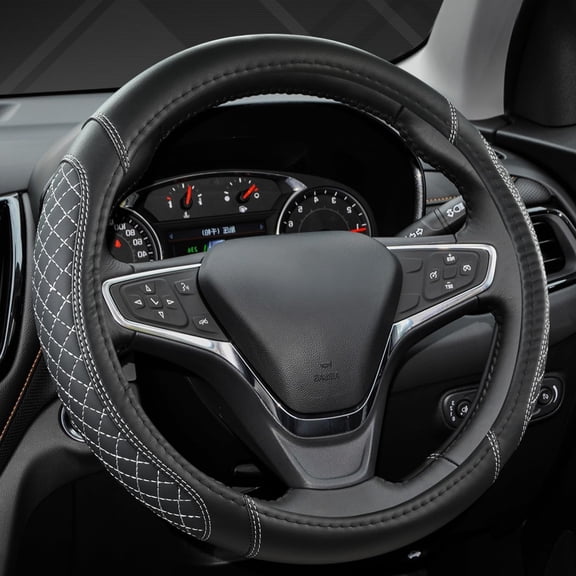 TELOLY Customized Auto Car Steering Wheel Cover for - Diamond Quilted Car Steering Wheel Cover (Black Gray-Standard Size)