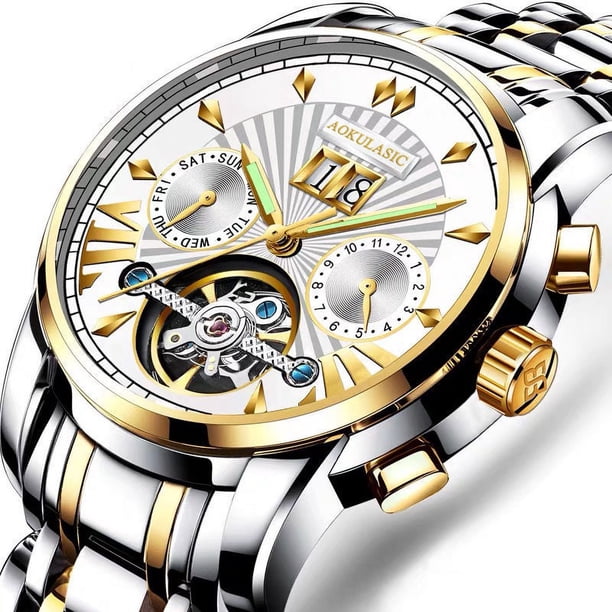 Reloj mecánico totalmente automático para hombre, reloj de acero inoxidable con correa de doble correa, reloj hueco para hombre
