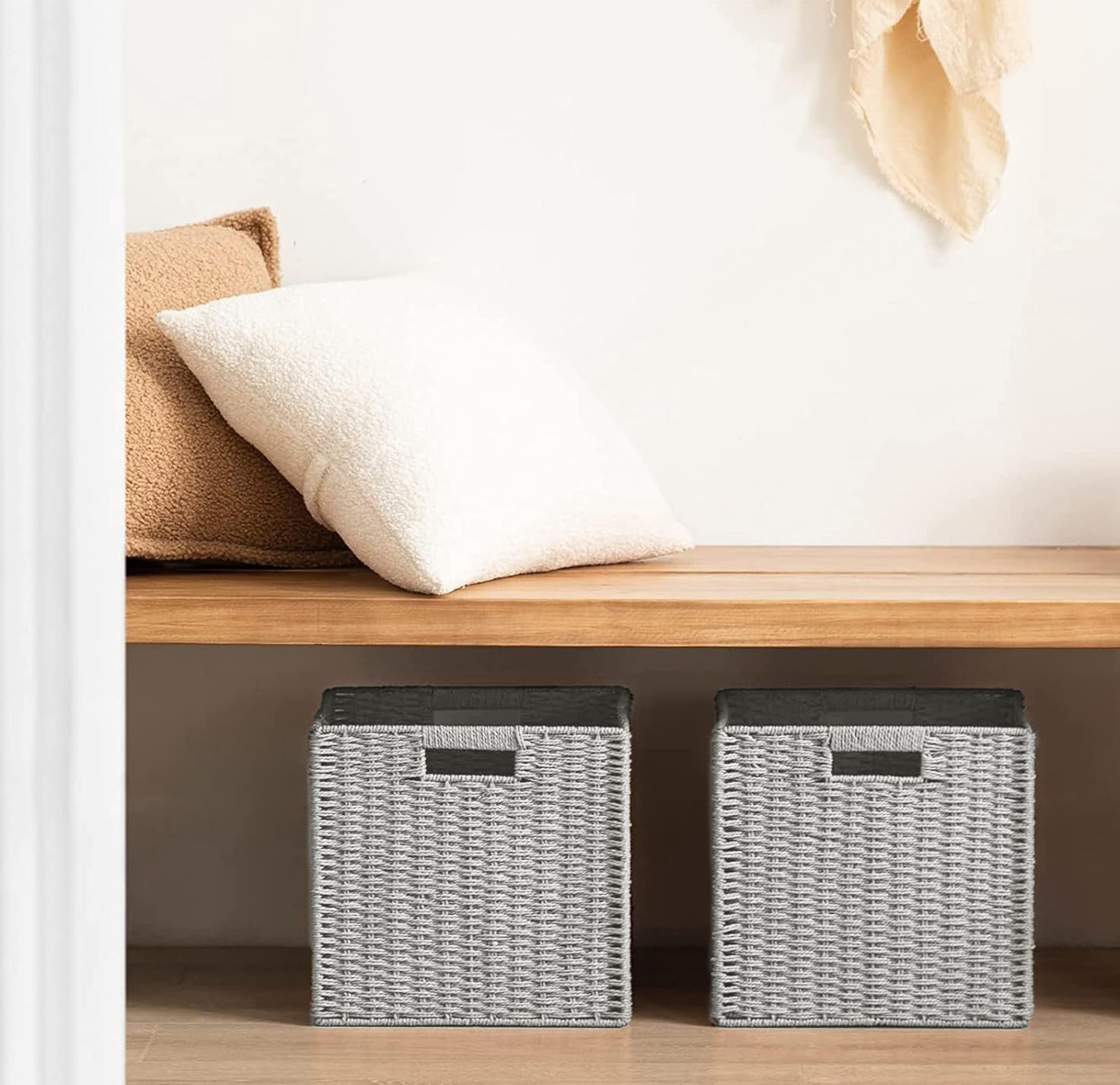 HBlife 2 Pack Wicker Basket, 11.8L×11.8H×11W inch Woven Paper Rope Storage Baskets for shelves, Foldable Cube Storage bin with Handle, Storage Basket for Organizing & Decor, Gray