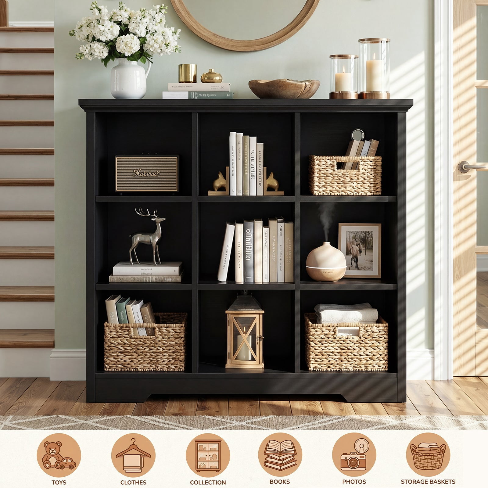 Homieasy 9 Cube Storage Organizer with Charging Station, 41'' Tall Wooden Cube Bookcase for Living Room, Bedroom, Black