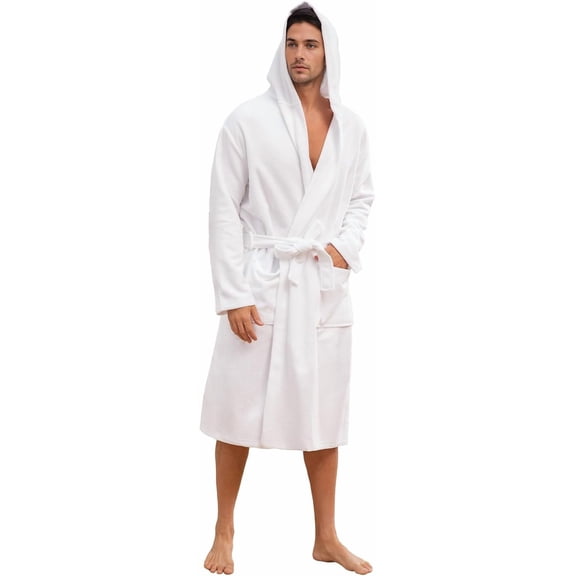 Mens Hooded Absorbent Terry Cloth Robe All Season Knee Length Design Kimono Spa Bathrobe
