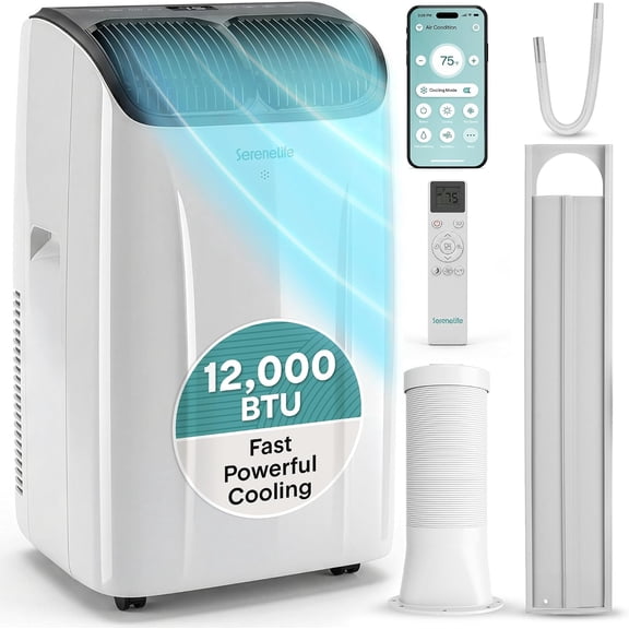 SereneLife 12,000 BTU Portable Air Conditioner with Heat & Wi-Fi – Portable AC Unit with Dehumidifier, Fan Modes & Window Kit for Rooms up to 550 Sq Ft