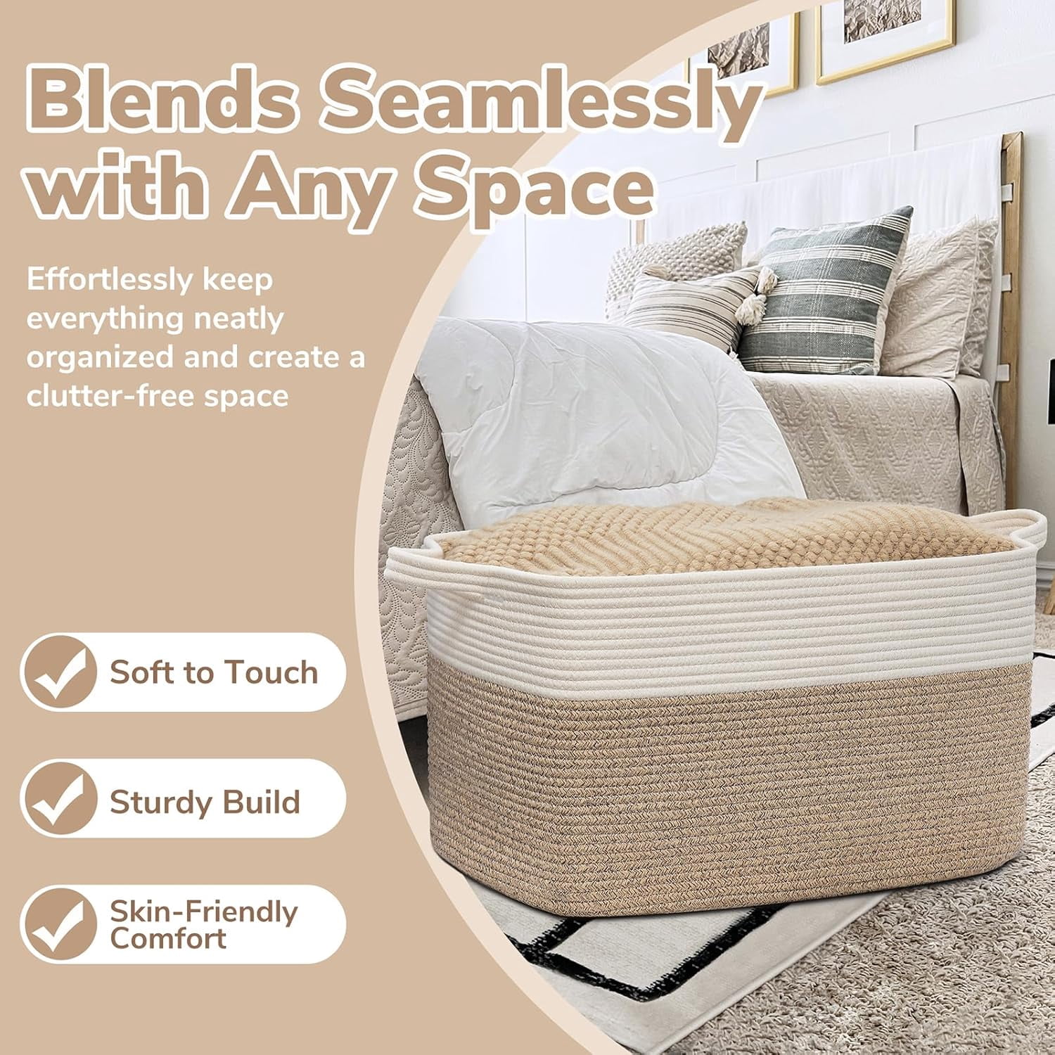 Large Rectangular Woven Cotton Rope Basket 21.6×14.9×11.8 in White Brown Storage Bin for Blankets Toys Bedroom Living Room