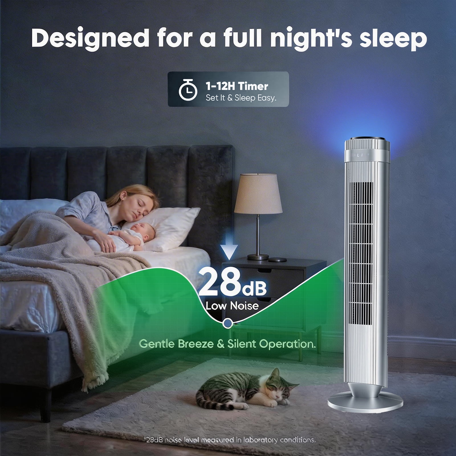 Quiet Tower Fan for Bedroom, Oscillating Fan with Child Lock & Night Light, 28dB, 12H Timer and Remote, 5 Speeds Cooling Fan for Nursery and Home,Silver