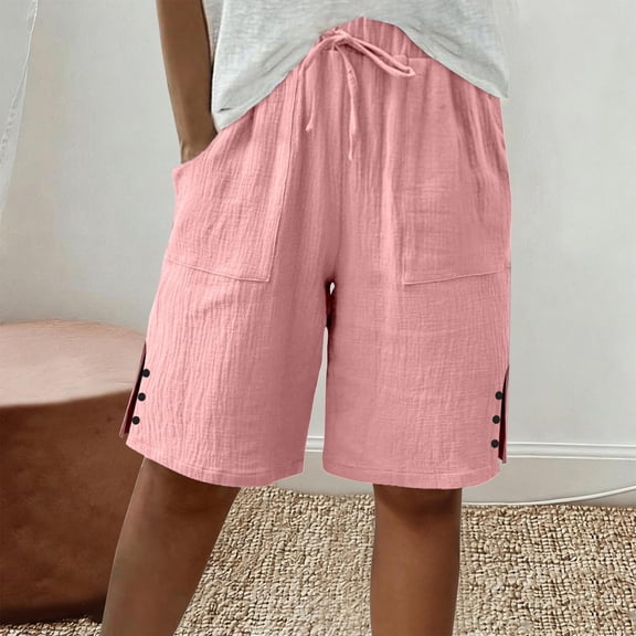 Endives Womens Linen Shorts Casual Wide Leg Short Knee Length High Waisted Cotton Long Shorts With Pockets Beach Outfits Summer Pink