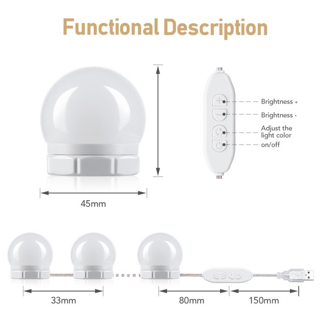 Luz de espejo LED estilo Hollywood 10 bombillas, cables perfectamente ocultos, 3 colores y 10 intensidades, luz de espejo USB para tocador de maquillaje, bola de tocador LED adhesiva para maquillaje