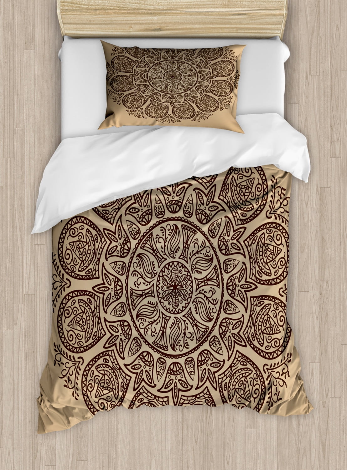 Brown Mandala Duvet Cover Set Twin Size Abstract Round Mandala