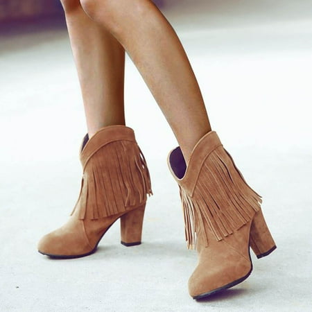 

Women s Fashion Fringe Boots Solid Color Frosted Thick High Heel Ankle Boots