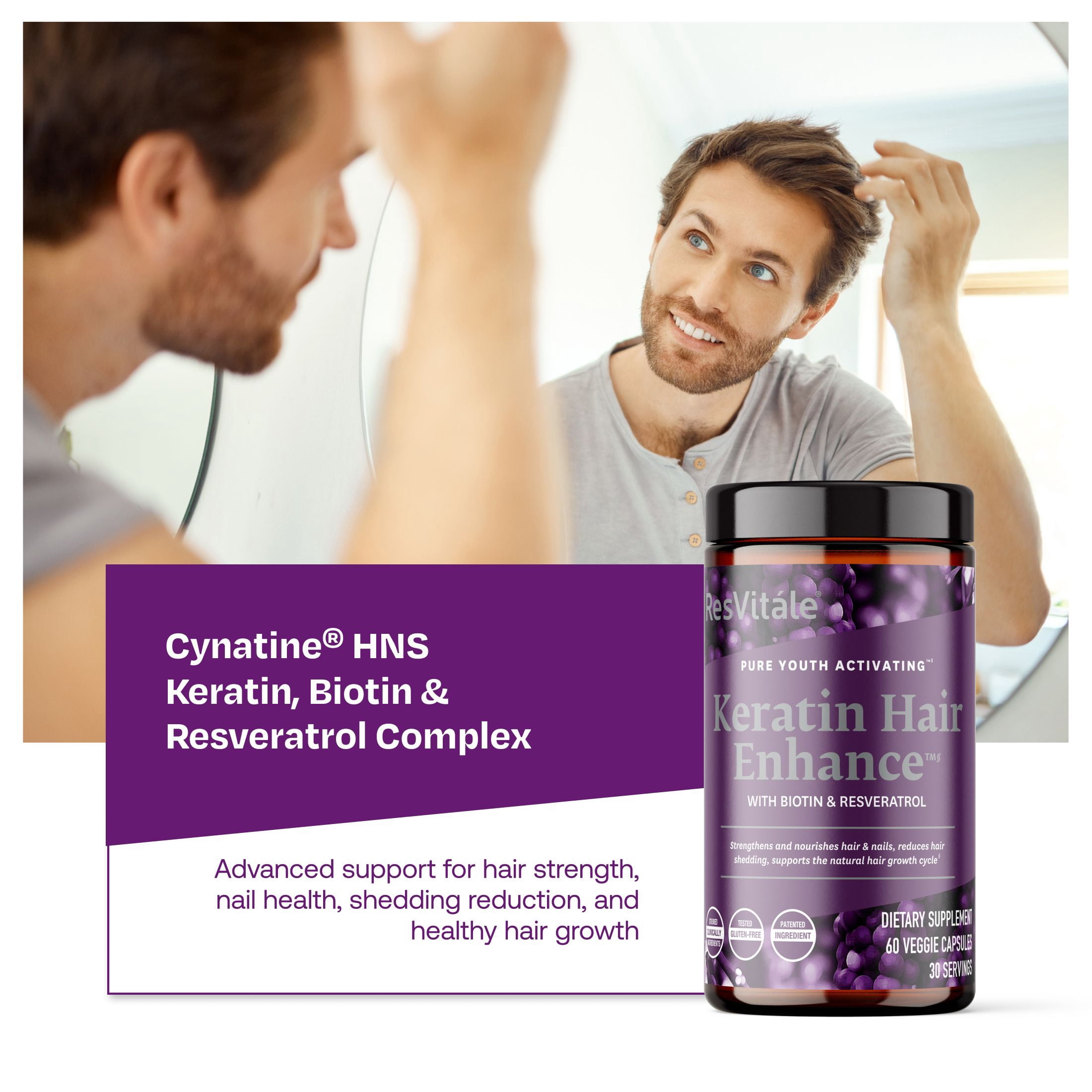 ResVitale Keratin Hair Enhance - Keratin Complex for Hair, Skin and Nails - Keratin Hair Supporter with Resveratrol, Biotin, Vitamin B6, & Pantothenic Acid - 60 Veggie Caps