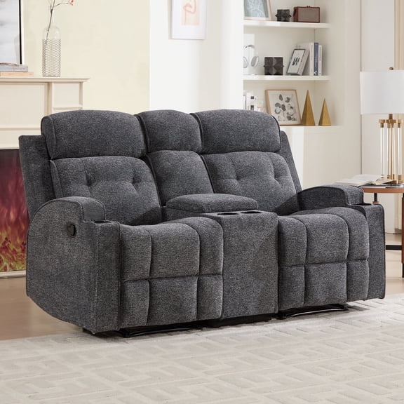 Bonzy Home Reclining Loveseat 2-Seat Sofa, Manual Double Recliner for Living Room with Center Console, Hidden Storage & Cup Holders Gray