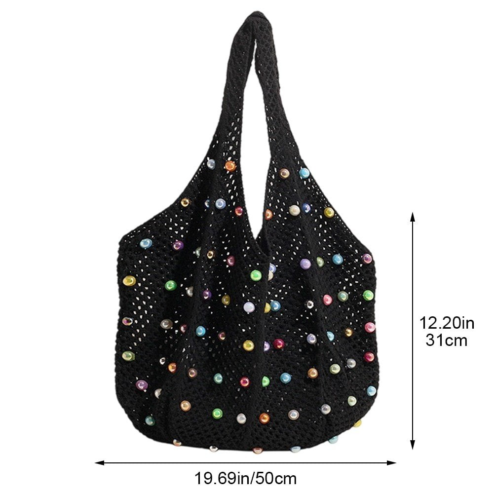 Jiibva Crochet Beach Bags Woven Travel Tote Boho Shoulder Bag Hollow Knitting Handbag Mesh Shoulder Bag Women Knitted Handbags for Holiday, Daily Work