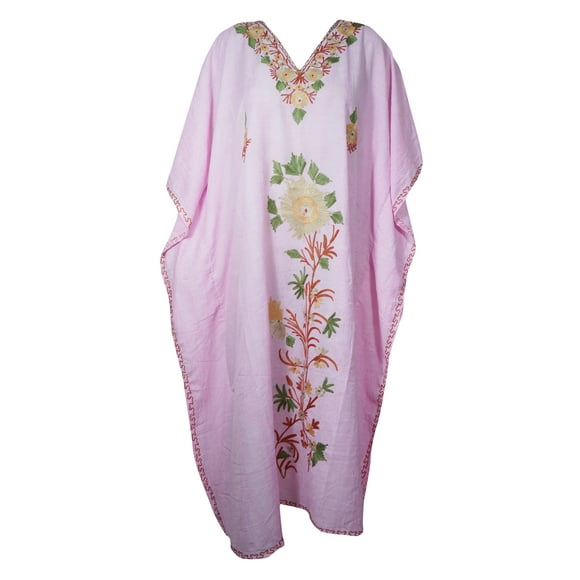 Mogul Women Light Pink Floral Embroidered Kaftan Maxi Dress Embellished House dress Kimono Long Caftan 3XL