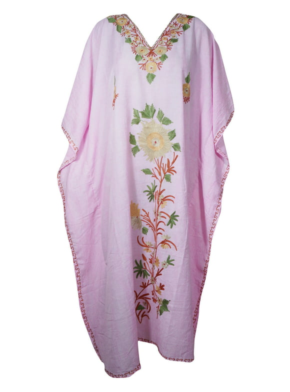 Mogul Women Light Pink Floral Embroidered Kaftan Maxi Dress Embellished House dress Kimono Long Caftan 3XL