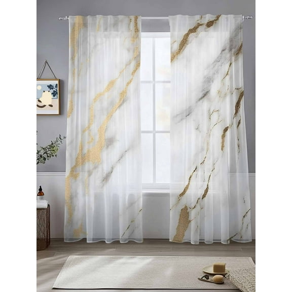 White Gold Marble Sheer Curtains for Living Room Bedroom Abstract Simple Geometric Sheer Curtains 96 Inch Long 2 Panels Set Light Filtering Curtain Window Treatments Drapes for Dining Room