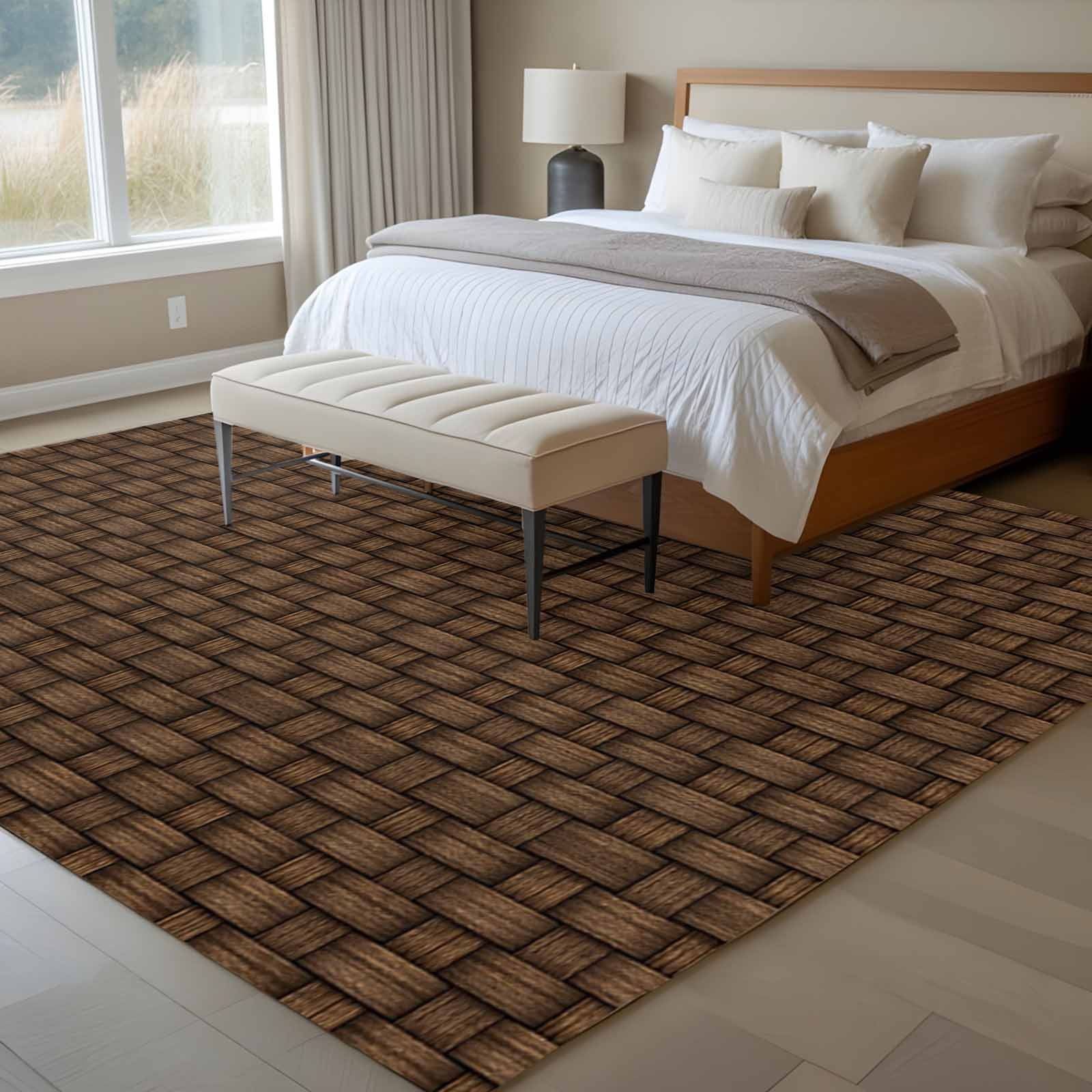 Large Area Rugs for Living Room Bedroom, Dark Brown Rattan 6'x9' Rug Washable Carpet Runner Indoor Outdoor, Vintage Abstract Wicker Texture Non Slip Floor Mats Rug for Kitchen, Playroom