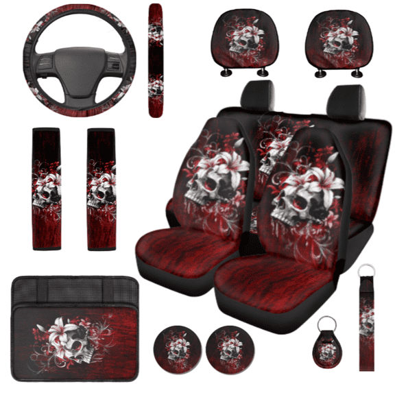 HUIACONG Automotive Interior Accessories, with Key Pendant Seat Protectors Auto Hand Rest Pad, 14 Pcs Skull and Floral Design Car Interior Accessory