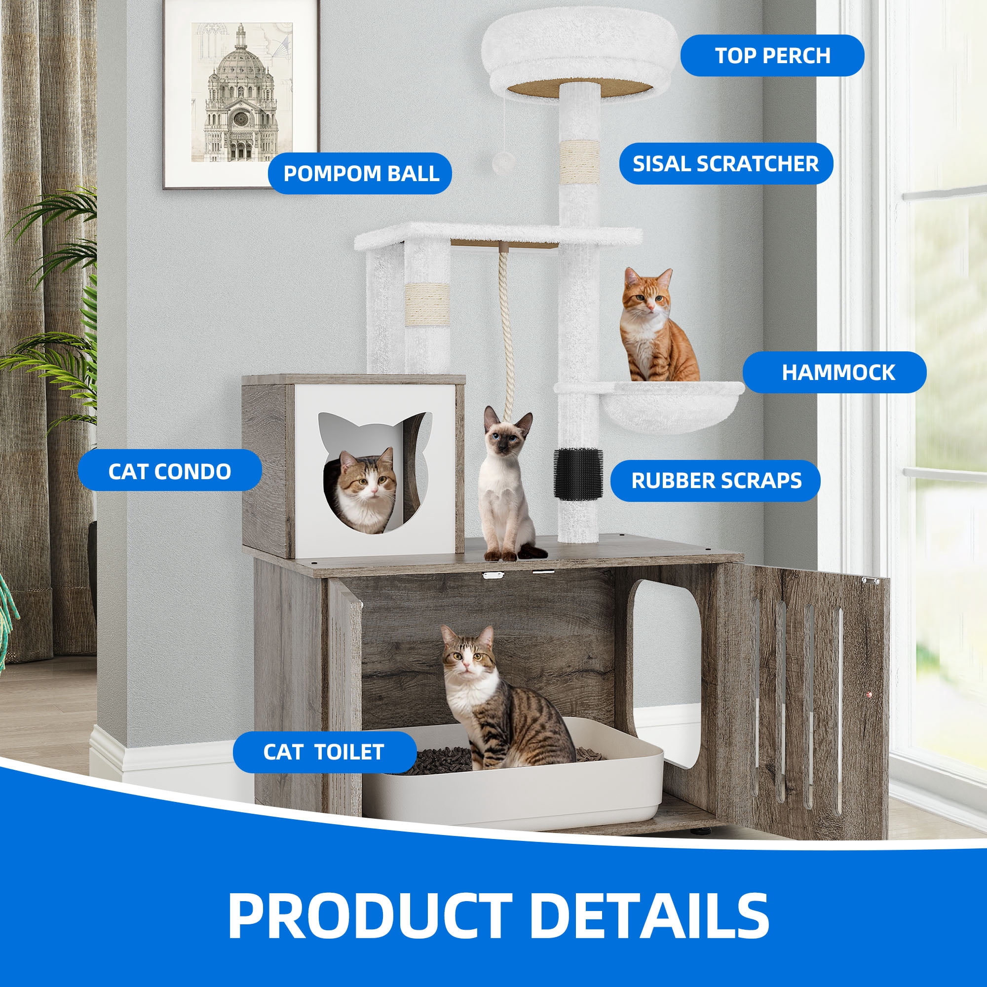 Dextrus 2-in-1 Cat Tree with Litter Box Enclosure,53.5" Large Modern Cat Condo with Scratching Posts, Perch, Food Station, Hammocks, Scratch Post, Gray