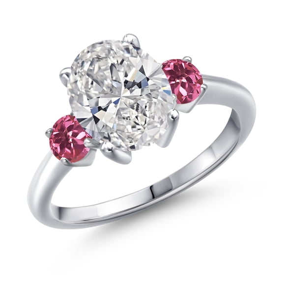 Gem Stone King 2.50 cttw IGI Certified Lab Grown Diamond and Pink Tourmaline 3-Stone Engagement Ring for Women | 925 Sterling Silver | Center 2.00 Ct Diamond | D-E Color | VS1-VS2 Clarity | Size 6