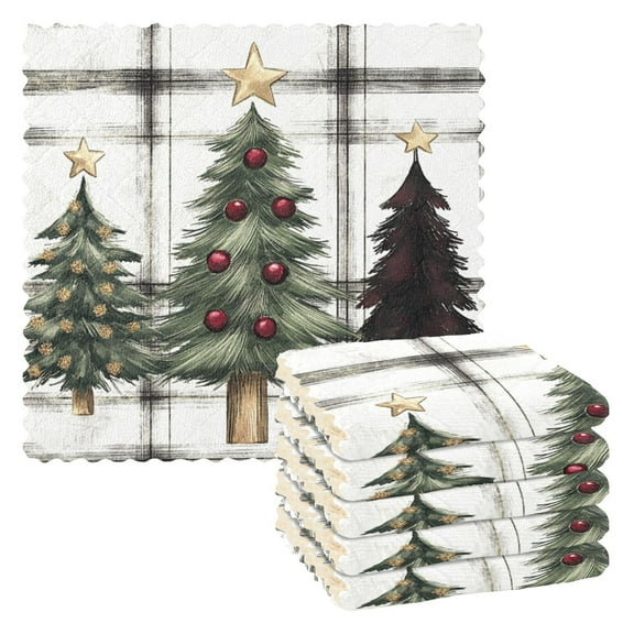 WOBOGO Christmas Trees on A White and Black Plaid Pattern Kitchen Towels 6pcs Ultra Soft Absorbent Quick Drying Dish Cloths 11×11inch