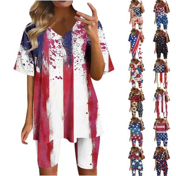 VBVC Women's 4th of July 2 Piece Set, Ladies' Flag Print V-Neck Top and Biker Shorts, Patriotic Summer Loungewear For Women,Wine,S-3XL