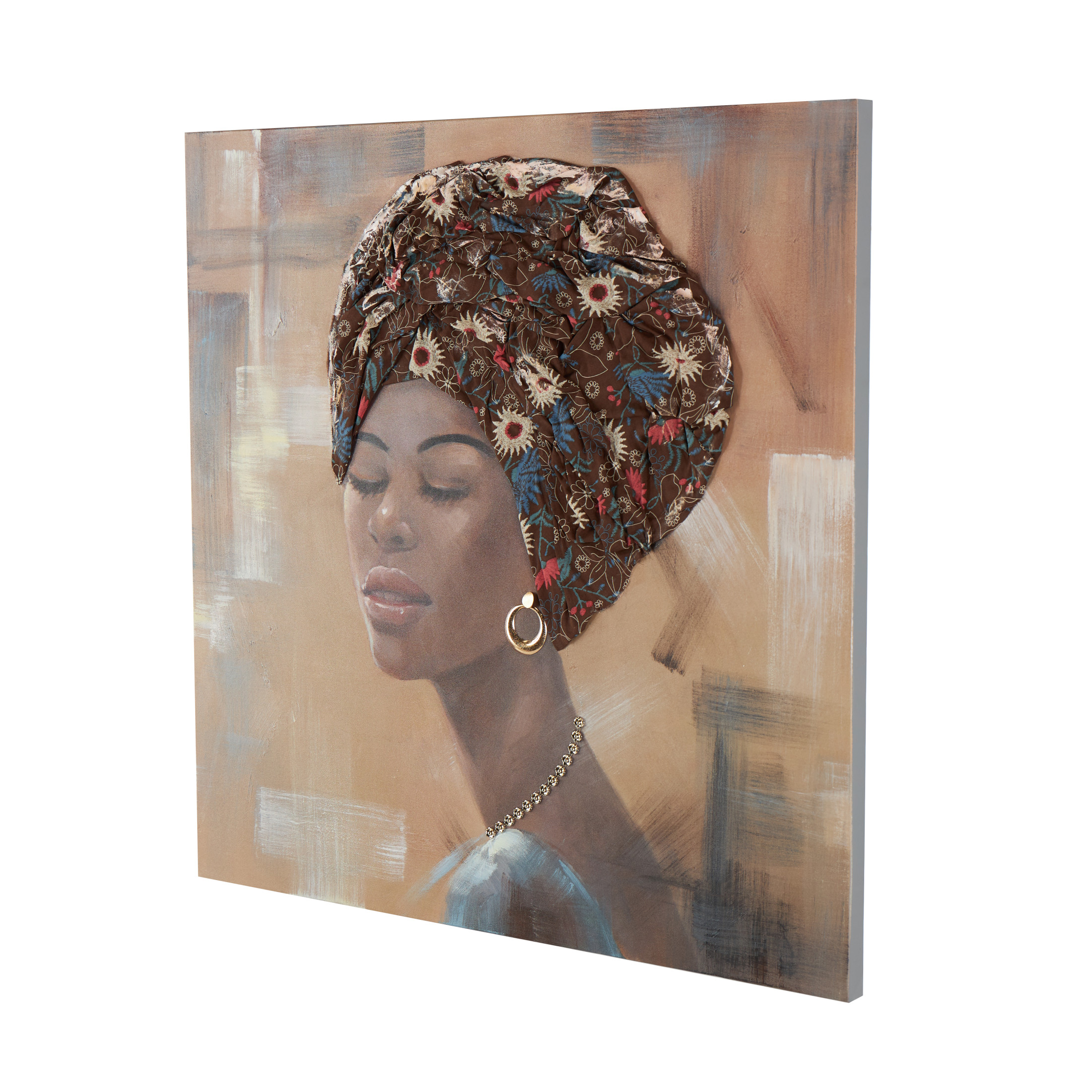 40" x 40" Unframed Woman Wall Art with 3D Fabric Headwear And Gold Jewels, by DecMode