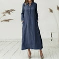 thumbnail image 2 of Birdeem Robe Décontractée Mode Col en V Boutons Manches Longues Coton Lin Poche Robes Longues Unies, 2 of 5