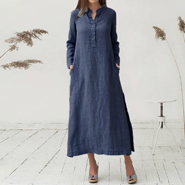 Pisexur Robe à Manches Longues à Col en V Mode Décontractée Col en V Boutonnée Robe en Coton et Lin à Manches Longues avec Poche Robe Longue Unie Robe pour Femmes