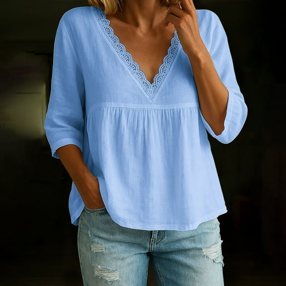 Karight Women's Cotton Linen Lace Tops Trim V Neck 3/4 Sleeve T Shirts Spring Fall Loose Fit Solid Color Blouse