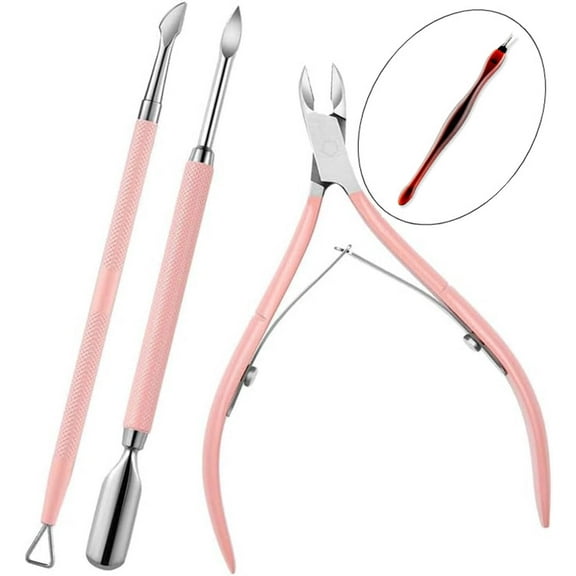 3 PCS Cuticle Trimmer with Cuticle Pusher, 3 PCS Pink Nail Cuticle Nipper Professional Pedicure Manicure Tools Nail Scraper