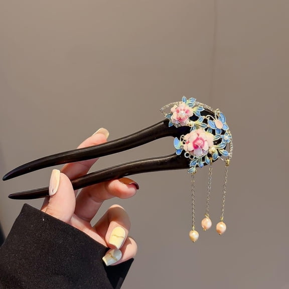 Cloisonne Peony Wood Hairpin with Tassel Chinese Style Vintage Hair Stick Traditional Hair Accessory for Women Hanfu Gift