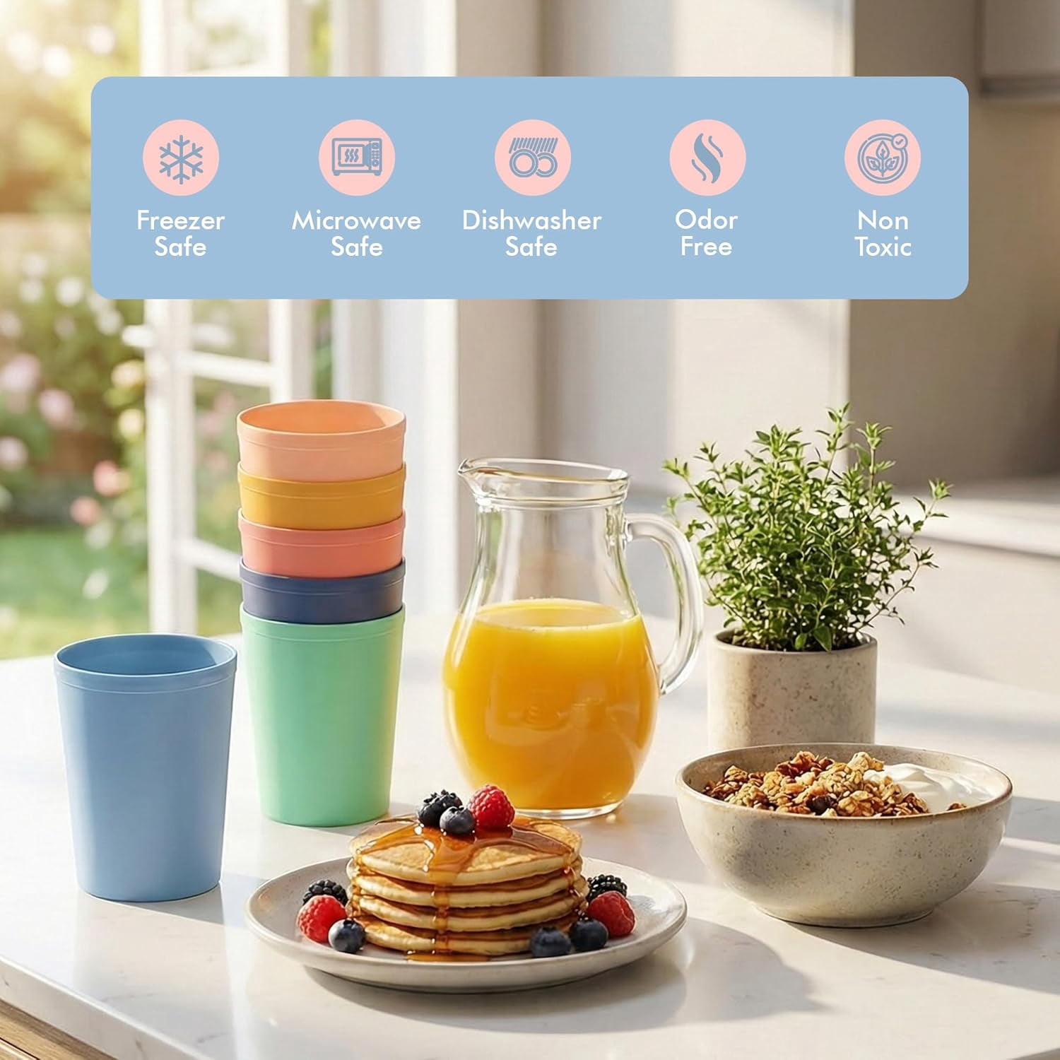 6 Pcs. Small Reusable Cups –8 oz Unbreakable Drinking Glasses -Toddler Cups for Water, Juice, Milk–BPA Free Stackable Tumblers Plastic Cup set for Kitchen, Picnics, Parties- Kid-Friendly