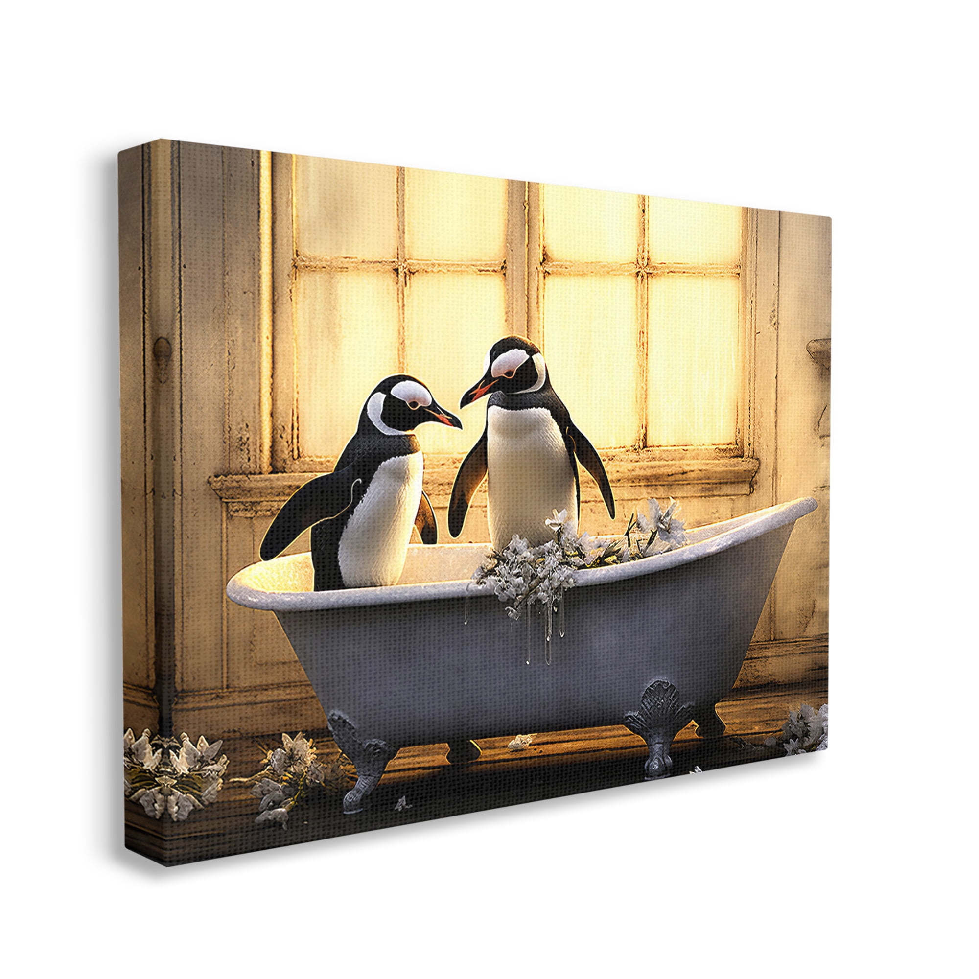 Stupell Industries Penguins in Sunlit Bath Animals & Insects Painting Gallery Wrapped Canvas Art Print Wall Art, 40 x 30