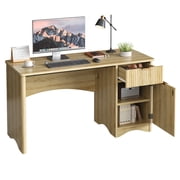 Bestier 47 Computer Desk with Drawer, Modern Home Office Desk with Storage Cabinet, Fluted PC Study Writing Desk for Small Spaces, Oak