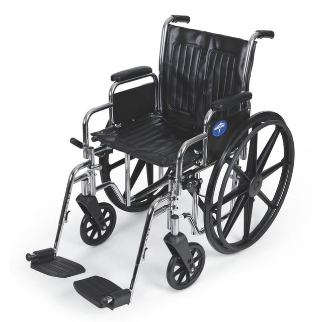 Silla de ruedas Medline Excel 2000, asiento de 45 cm de ancho, brazos a la altura de un escritorio, reposapiés abatibles, estructura cromada
