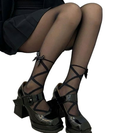 

Women Lolita Sexy Thin Silky Pantyhose Calf Crisscross Bandage Tattoo Pattern Sheer Tights Sweet Bowknot Stockings