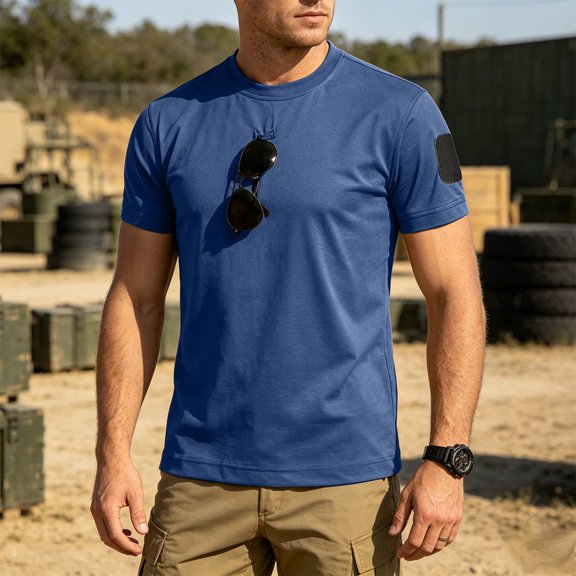 Mens Loose Fit Tactical T-Shirts Crew Neck Quick Dry Polyester Hook Loop Patch Breathable Short Sleeve Outdoor, Royal Blue, 3XL