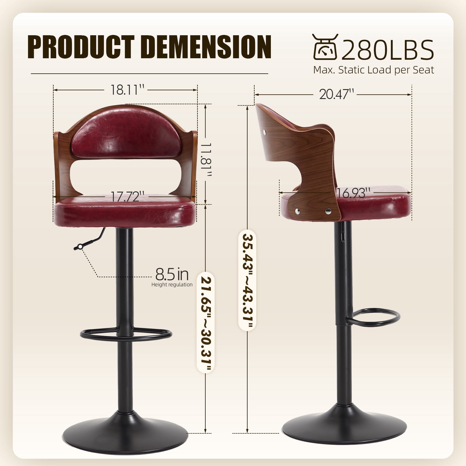 MOONMISS Swivel Bar Stools Set of 2, Wooden Kitchen Bar Chairs with Back, PU Leather Counter Height Barstools for Kitchen Island,Wine Red