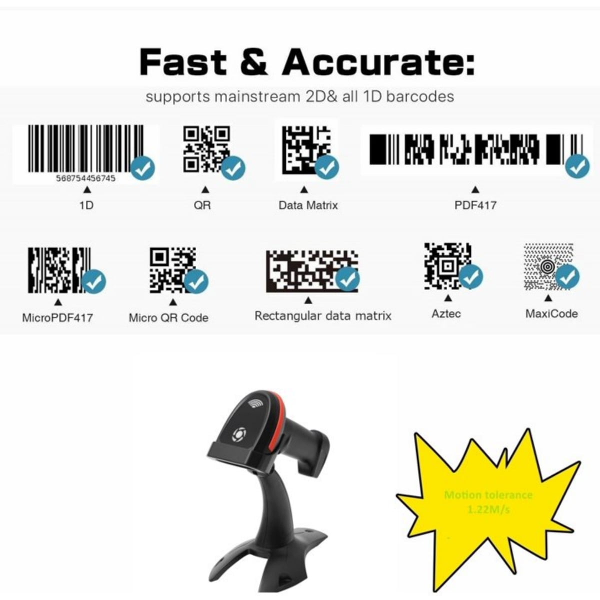 XIANJINO Fully Upgraded Wireless 2D QR Barcode Scanner with Stand, 3 in 1 Bluetooth & 2.4GHz Wireless & USB Wired, Connect Smart Phone Tablet PC, 2D COMS Image Bar Code Reader