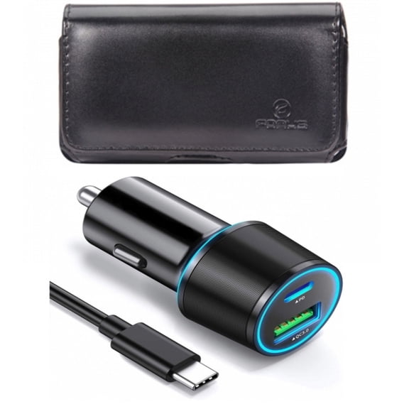 Case Belt Clip & Quick Car Charger for iPhone 15 Pro Max - Leather Swivel Holster Cover and 36W 2-Port USB Cable Type-C PD Power V8O for iPhone 15 Pro Max (6.7")