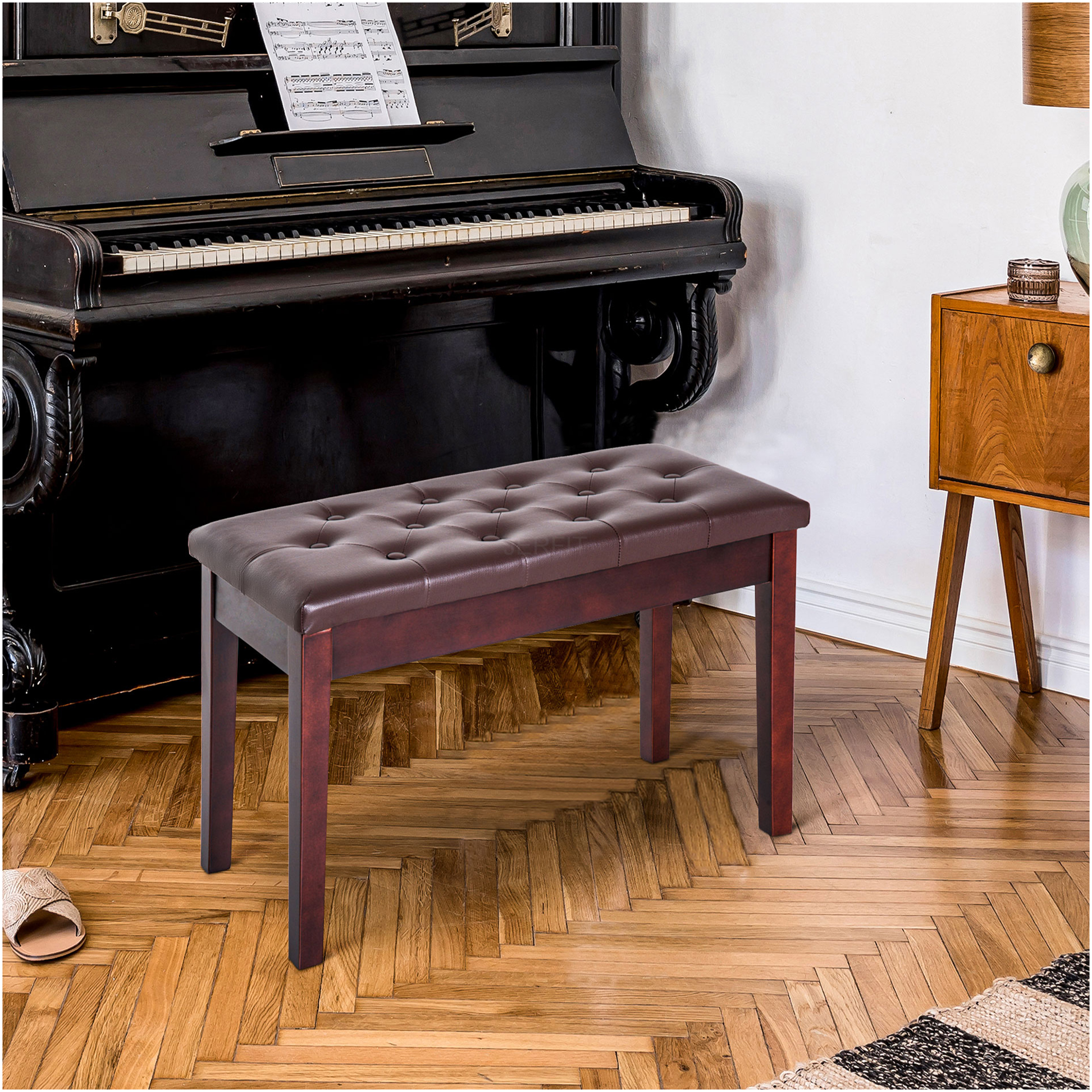 JERFIT Piano Bench for 2 Persons, Button Tufted Faux Leather Keyboard Seat with Rubber Wood Frame, Brown
