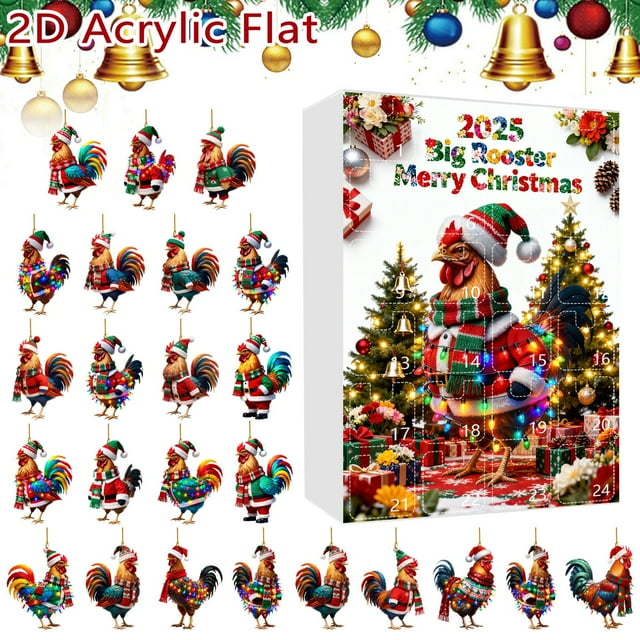 Rooster Themed Advent Calendar Ornament Set Featuring Santa Hat And Scarf Design For Festive Holiday Countdown Celebration With 24 Unique Decorative