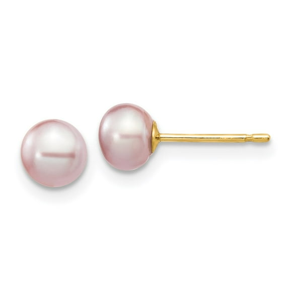 Real 14kt Yellow Gold 5-6mm Purple Button Freshwater Cultured Pearl Stud Post Earrings; for Adults and Teens; for Women and Men
